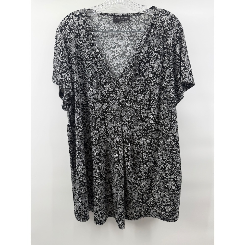 Lane Bryant Black White Floral V-Neck Pleated Front Short Sleeve Blouse 18/20